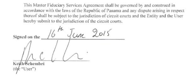 An image of the text of a master fiduciary services agreement signed by Keith Schembri